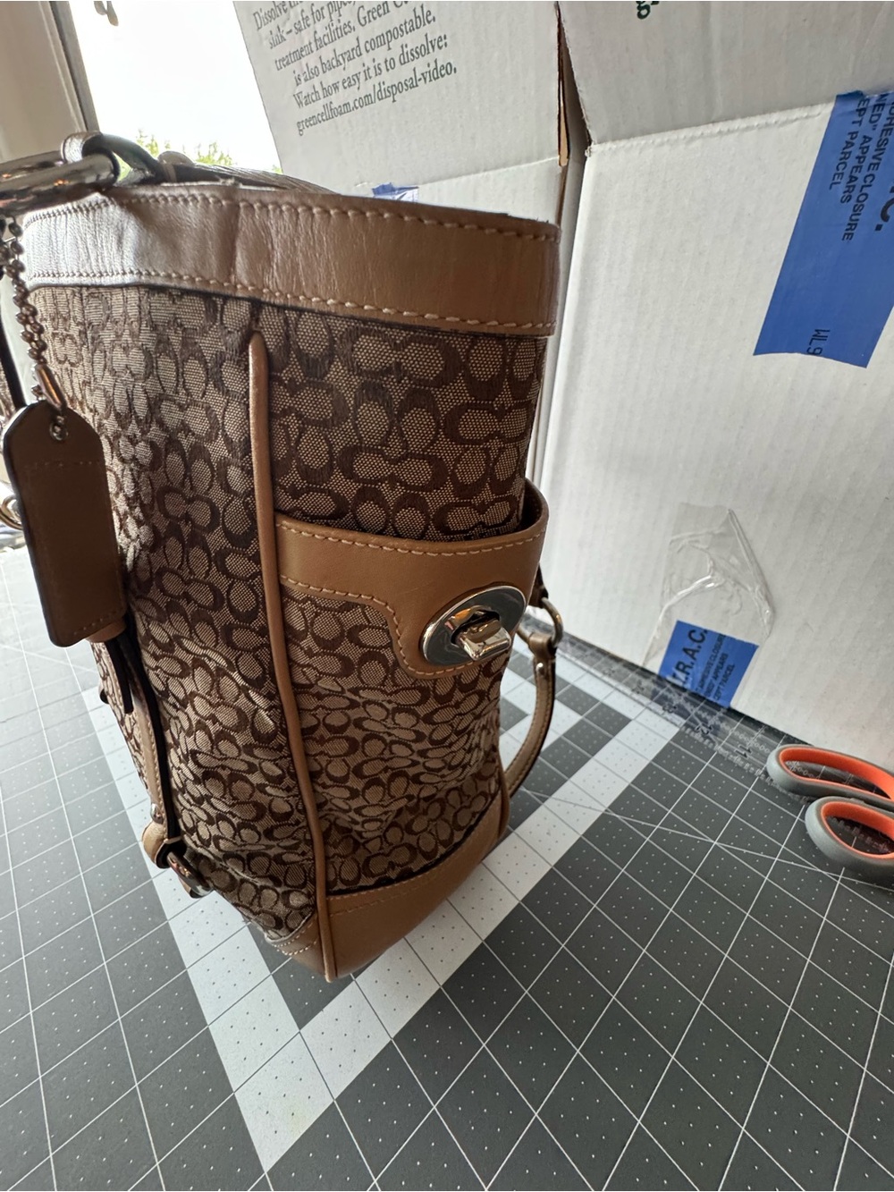 Coach Brown Signature Canvas Tote with Tan Leather Trim - Picture 4 of 16